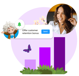 Graph in purple in front of a purple circle, Einstein on a pop-up window that reds "Offer customer retention bonus" as an option for a customer service rep who is talking on a headset.