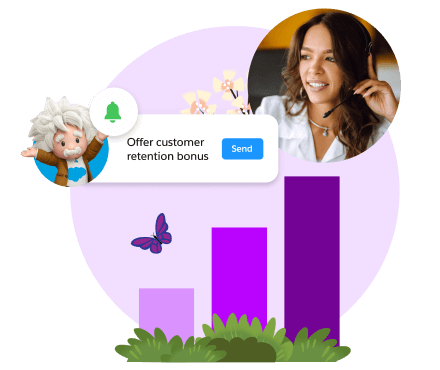Graph in purple in front of a purple circle, Einstein on a pop-up window that reds "Offer customer retention bonus" as an option for a customer service rep who is talking on a headset.