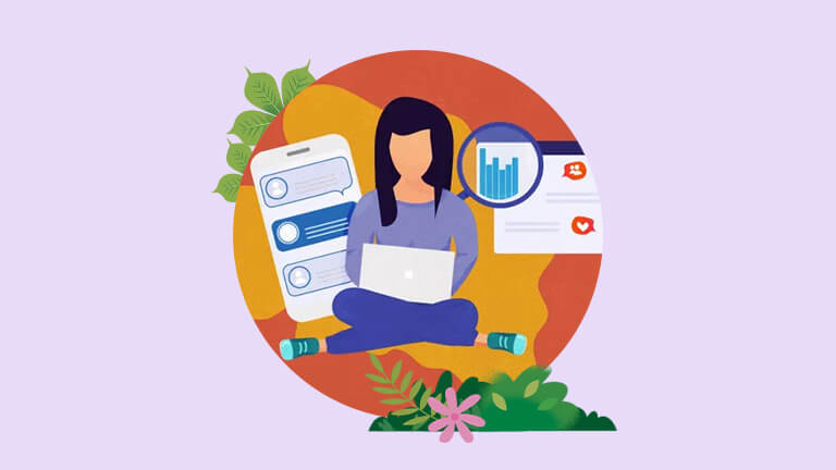 a graphic rendering of a woman sitting cross-legged with a laptop on her lap, surrounded by graphs and chat messages