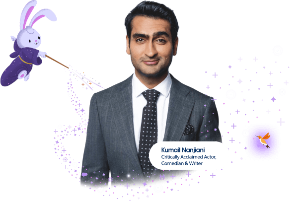 Actor, comedian, and writer Kumail Nanjiani; Genie, a Salesforce magic bunny.