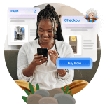 A happy shopper checking out on her mobile device flanked by graphical interfaces of an email inbox and a cart checkout.