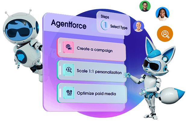 Astro and Brandy pointing to an Agentforce interface of links to Create a campaign, Scale 1:1 personalization, and Optimize paid media.