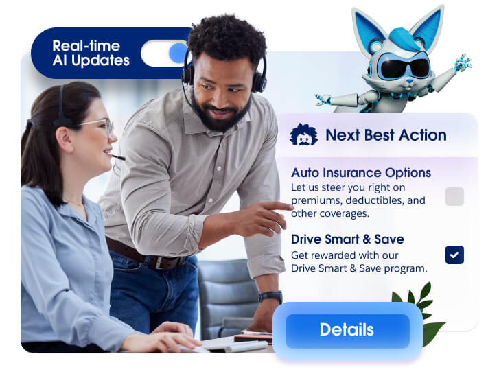 Two marketers working with real-time AI updates to suggest the best next action for an Auto customer