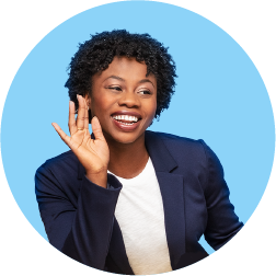 Una mujer en un traje de negocios en un fondo circular de color azul