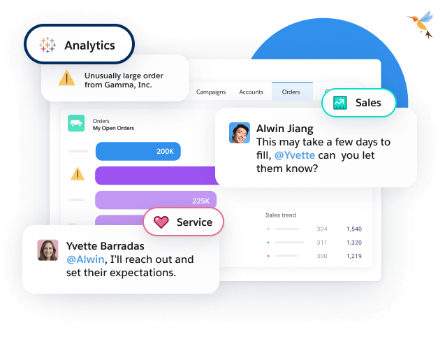 An automated analytics alert calls out an unusually large order, prompting a conversation between sales and service around setting customer expectations for getting it filled.
