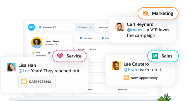 A Salesforce customer screen along with a conversation between members of the sales, service, and marketing teams about a new sales opportunity.