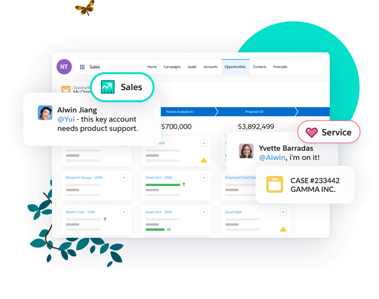 A sales opportunity screen along with a conversation between a sales rep and a service rep about an account that needs support.