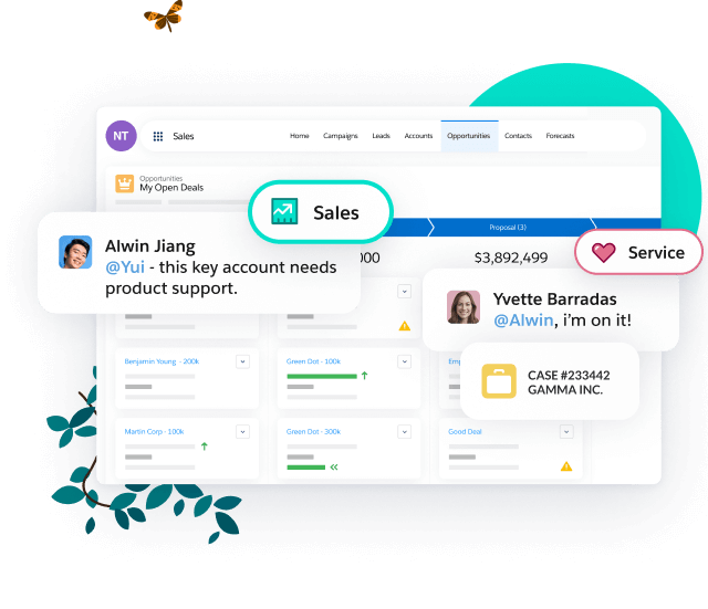 A sales opportunity screen along with a conversation between a sales rep and a service rep about an account that needs support.