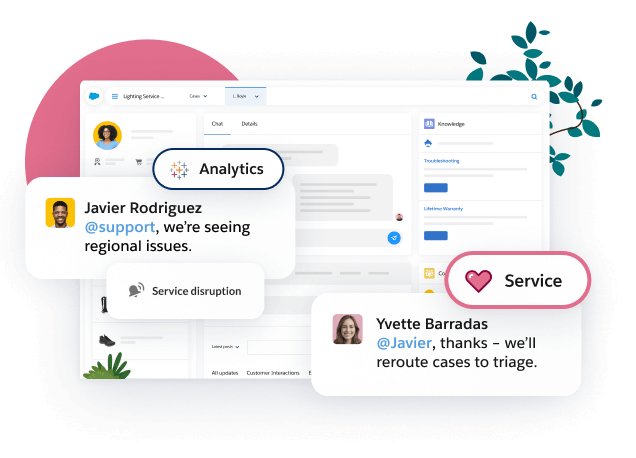 Over a screen with customer information, analytics and service team members share messages about resolving a service disruption.