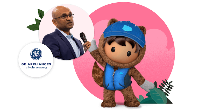 Layered bubbles featuring the GE Appliances logo, photo of customer Viren Shah, and Astro in a Field Service Technician outfit.