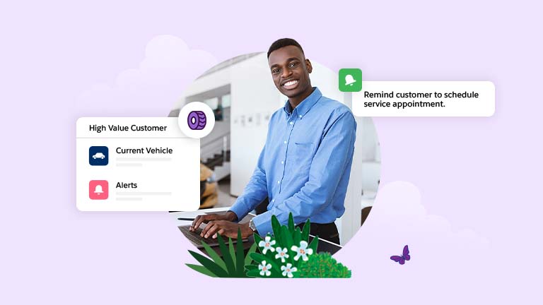 Photo of a man in business casual using a laptop. two boxes on either side of the image feature information like "high value customer" "schedule service reminder" and other alerts