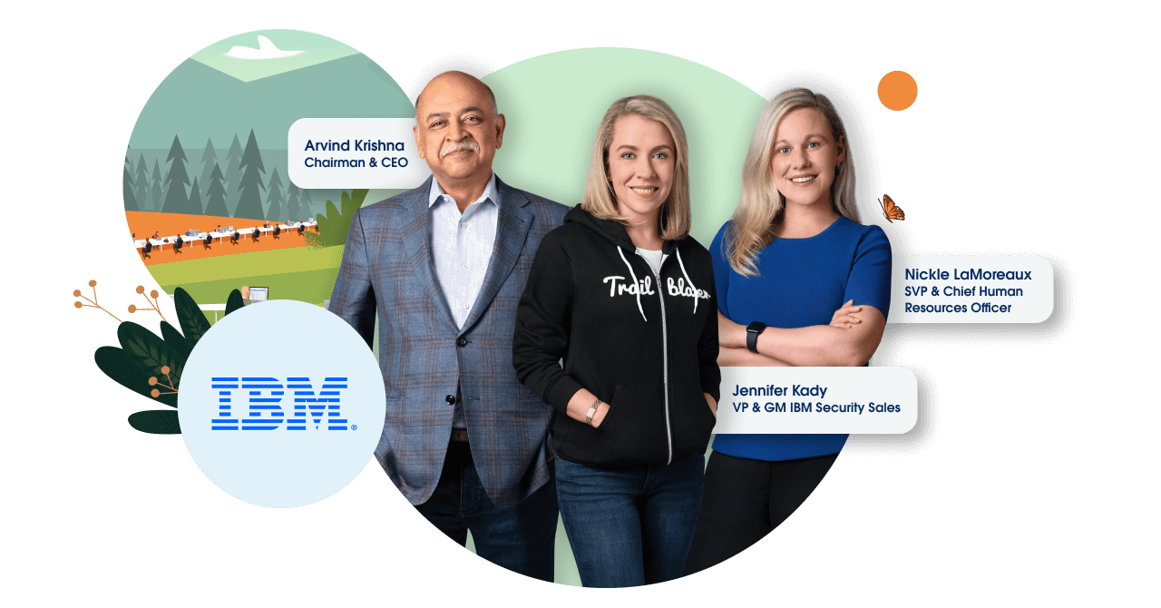 A photo of Arvind Krishna CEO of IBM, Jennifer Kady VP & GM IBM security sales and Nickie LaMoreaux SVP & Chief Human Resources Officer