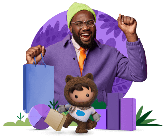 A man in a purple suit cheers while holding a shopping bag with Astro dashing in front of him also with a shopping bag