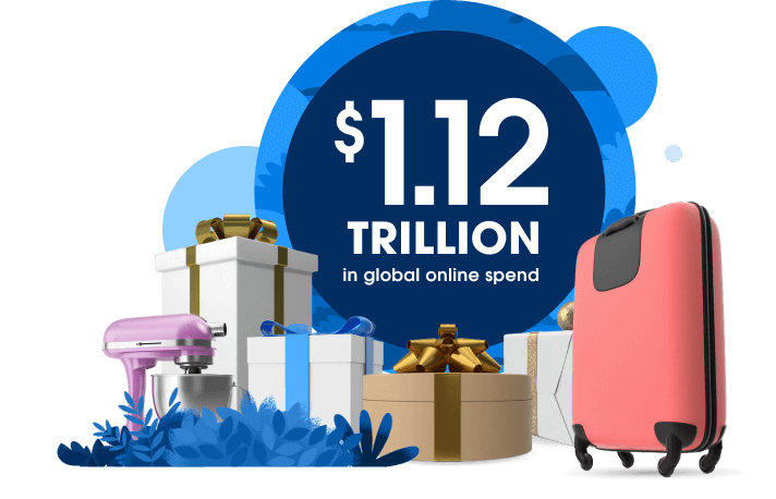 A pile of presents surrounding a stat which says $1.12 Trillion in global online spend