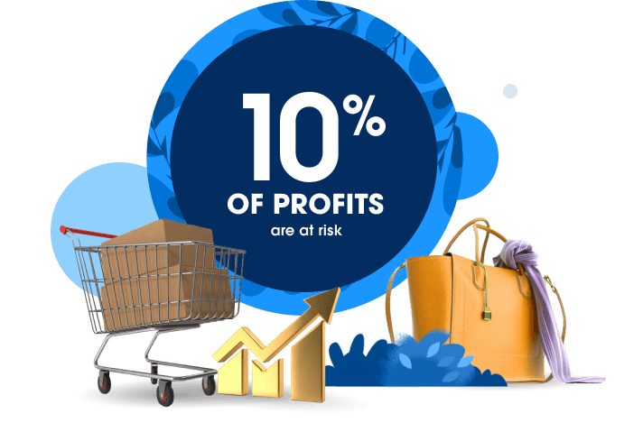 A shopping cart and chart surround a circle with the stat that says 10% of profits are at stake
