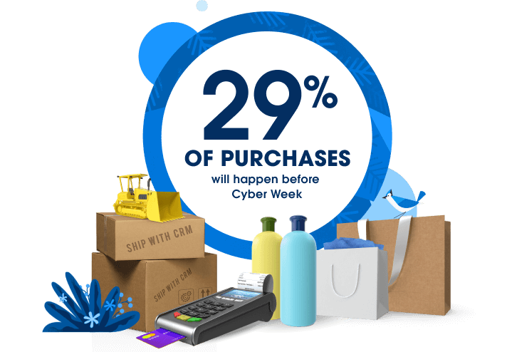 A pile of boxes and a card reader surround a circle with the stat that says 29% of purchases will occur in the first 3 weeks of November