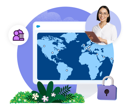 Laptop with a world map and floating icons surrounding the screen.