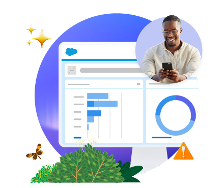 Laptop with product UI and floating icons.