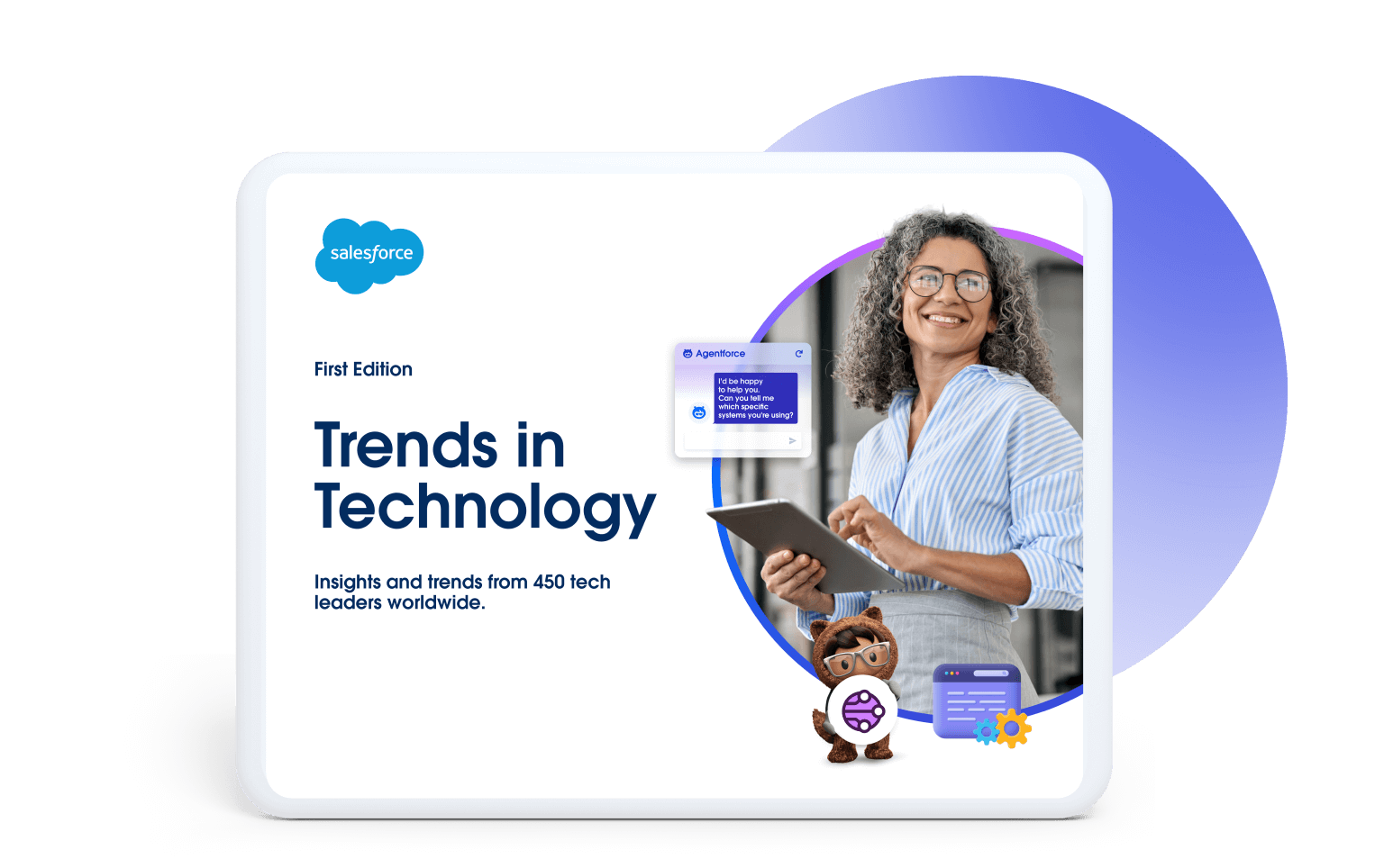 A cover features a report titled, "Trends in Technology," with a smiling woman holding a tablet.