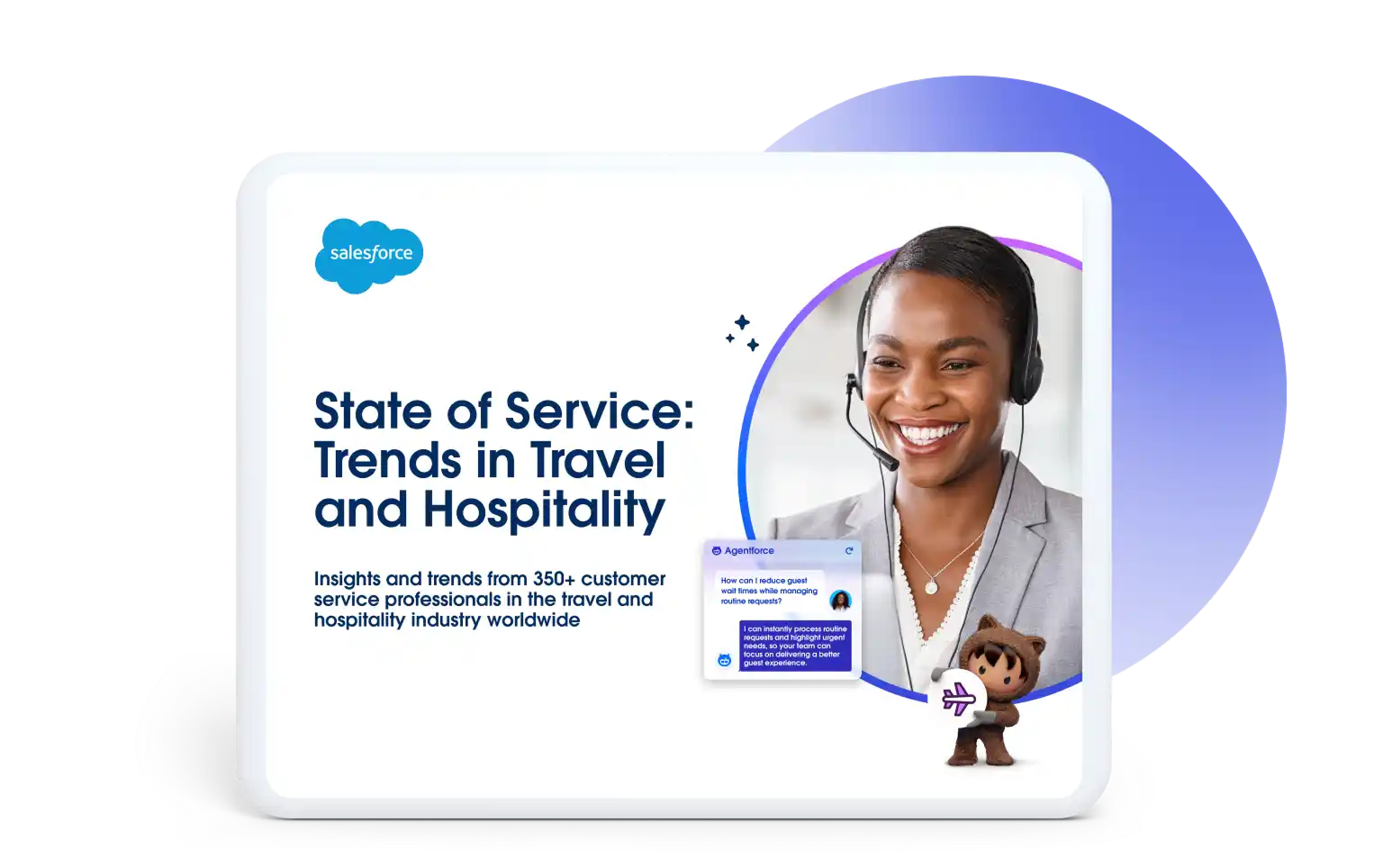 A cover features a report titled, “State of Service: Trends in Travel and Hospitality”