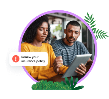 Woman holding tablet with man receiving a notification to renew their insurance.