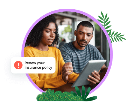 Woman holding tablet with man receiving a notification to renew their insurance.