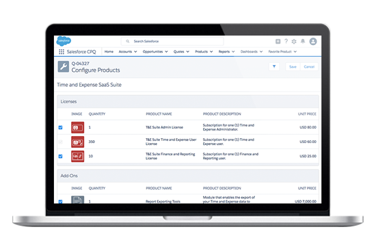 Salesforce Configure Products Dashboard shown in laptop
