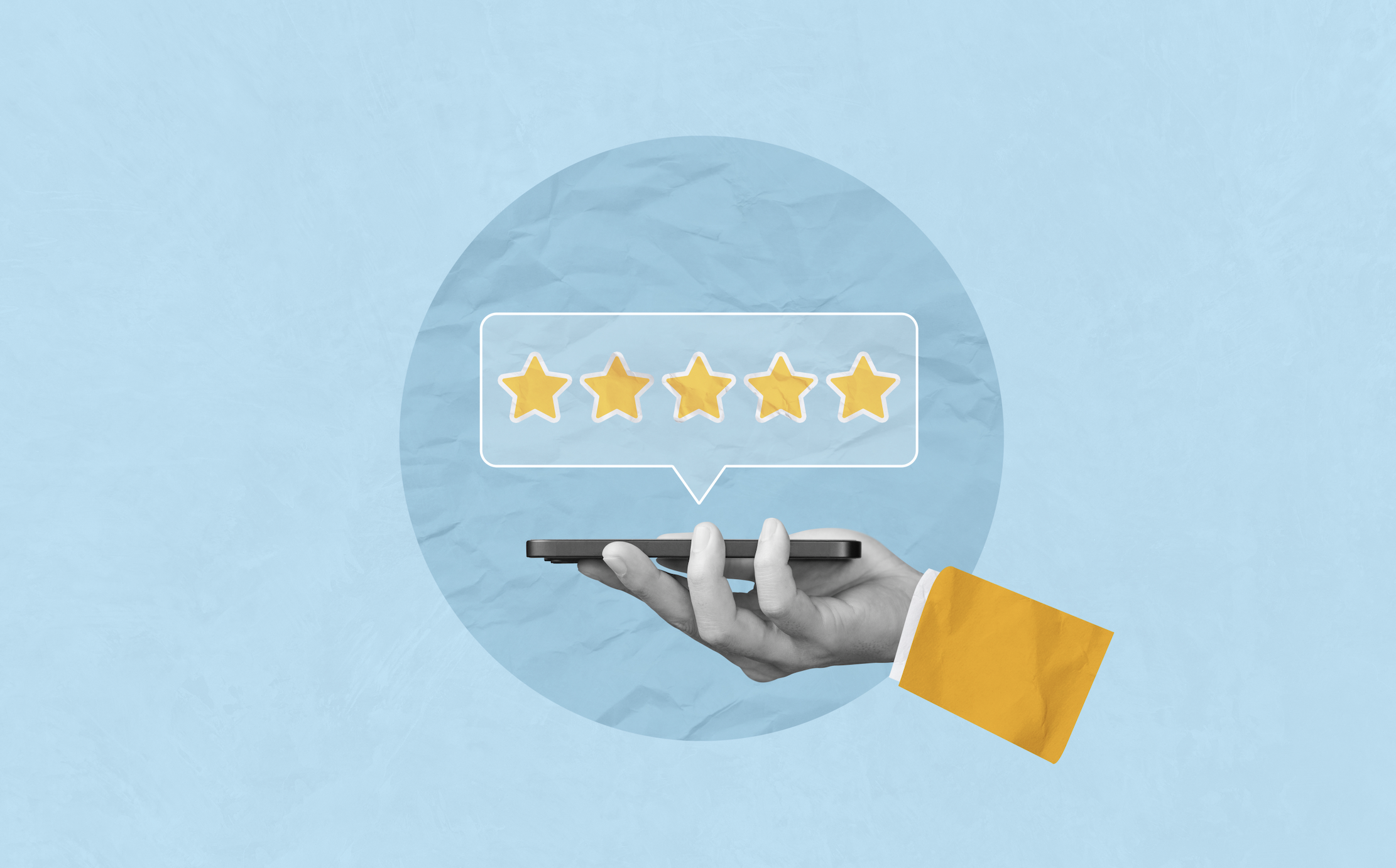 A five star review shown by a hand holding a phone on blue background.