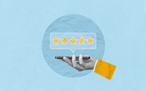 A five star review shown by a hand holding a phone on blue background.
