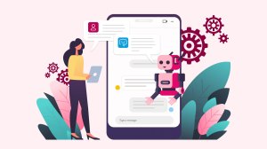 An illustration of a woman and chatbot robot using AI in customer service