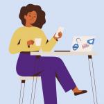 illustration of a customer sitting at a table using a laptop and phone