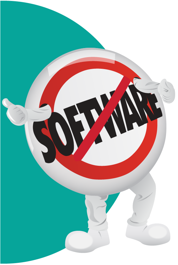 SaaSy the original mascot character as an illustration. A circle with arms and legs. Over the chest area the word software is crossed out.