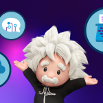 Illustrating of Einstein character surrounded by 3 Trailhead badges for AI skills