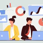 Illustration on a light green background of two office workers (a woman in a yellow jacket and a man in a suit and red tie) on laptops, with graphics of charts and multimedia around them / marketing innovations