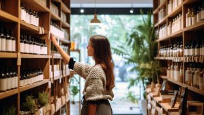 AI-generated photo of a woman shopping in a store, looking at jars on a shelf. / demand generation marketing