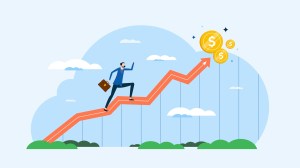 Illustration of a man standing in front of a desk with a chart showing sales quotas