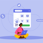 A consumer sits cross-legged on the floor and looks at her laptop, considering which products to buy online, such as a pizza, digital music, medications, books, and travel tickets: what is ecommerce