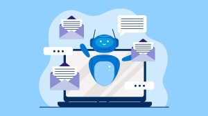 Illustration on a blue background of a robot coming out of a laptop screen, with emails and messages surrounding the robot / email workflow