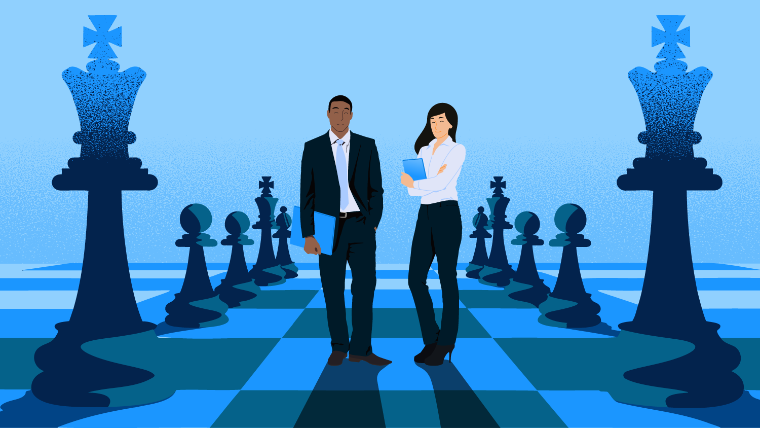 Illustration of a small business compared to a big enterprise on a computer with tools.