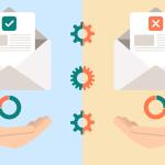 Illustration of email A/B testing: two email envelopes opened, showing different metrics of success