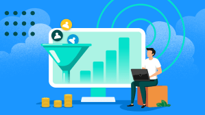 Person sitting in front of a green bar chart measuring sales KPIs