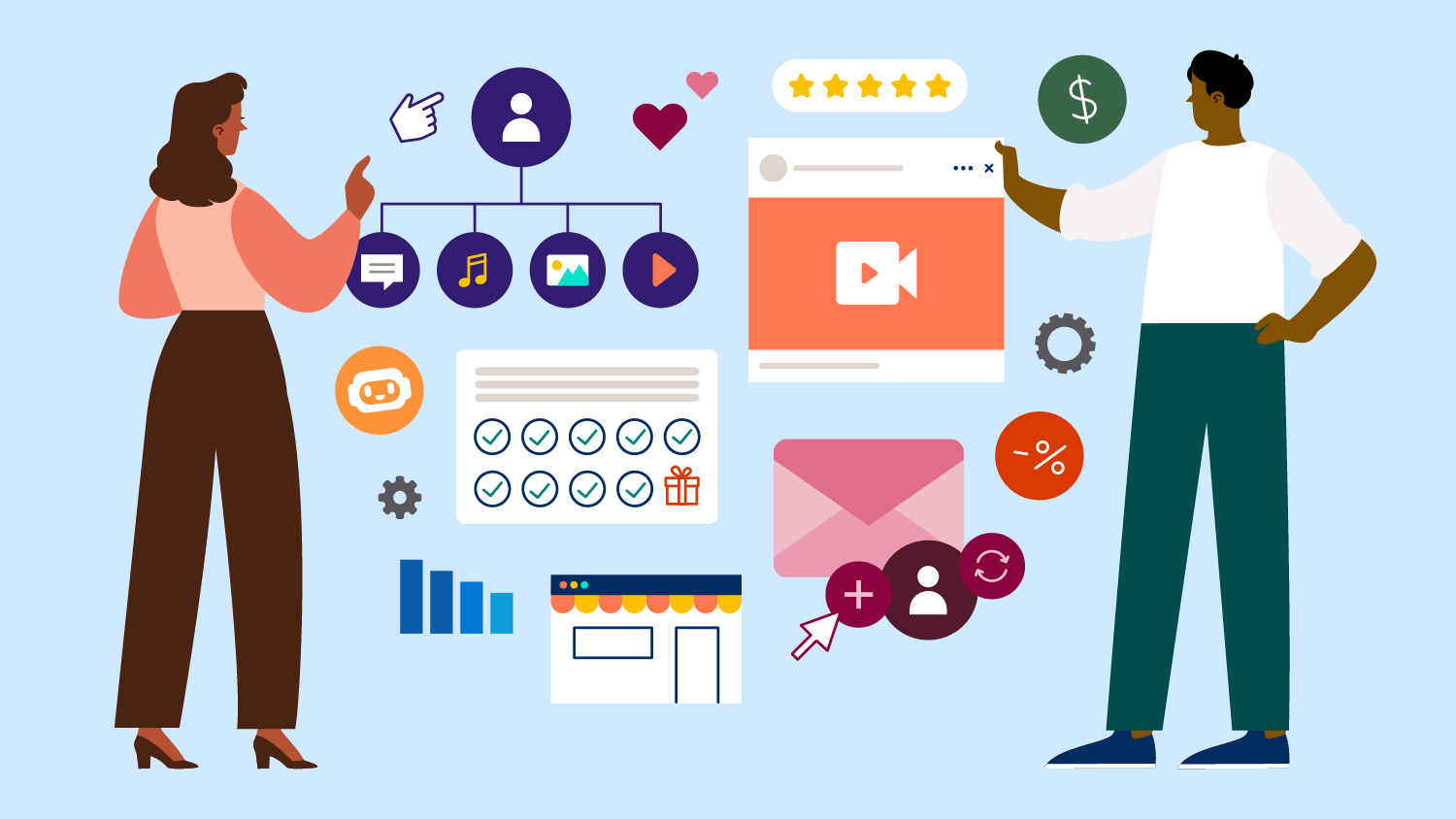 An illustration of two people interacting with different ecommerce trends, including video and user-generated content.