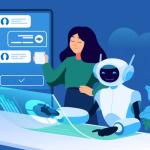 An illustration of a robot and human woman working next to each other on a project.