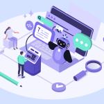 Illustration of artificial intelligence and data analysis featuring a friendly AI robot, people interacting with digital tools, a laptop with code and search icons, and symbols representing cloud storage, magnifying glass for search, and connected workflows.
