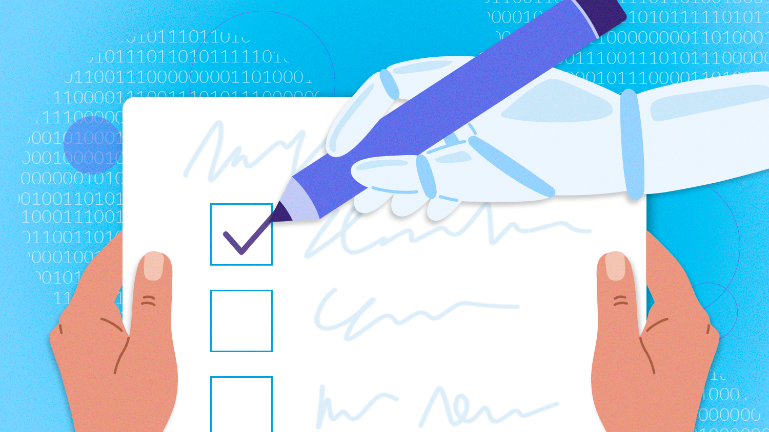 Image shows hand holding a checklist and a robot hand crossing it off.