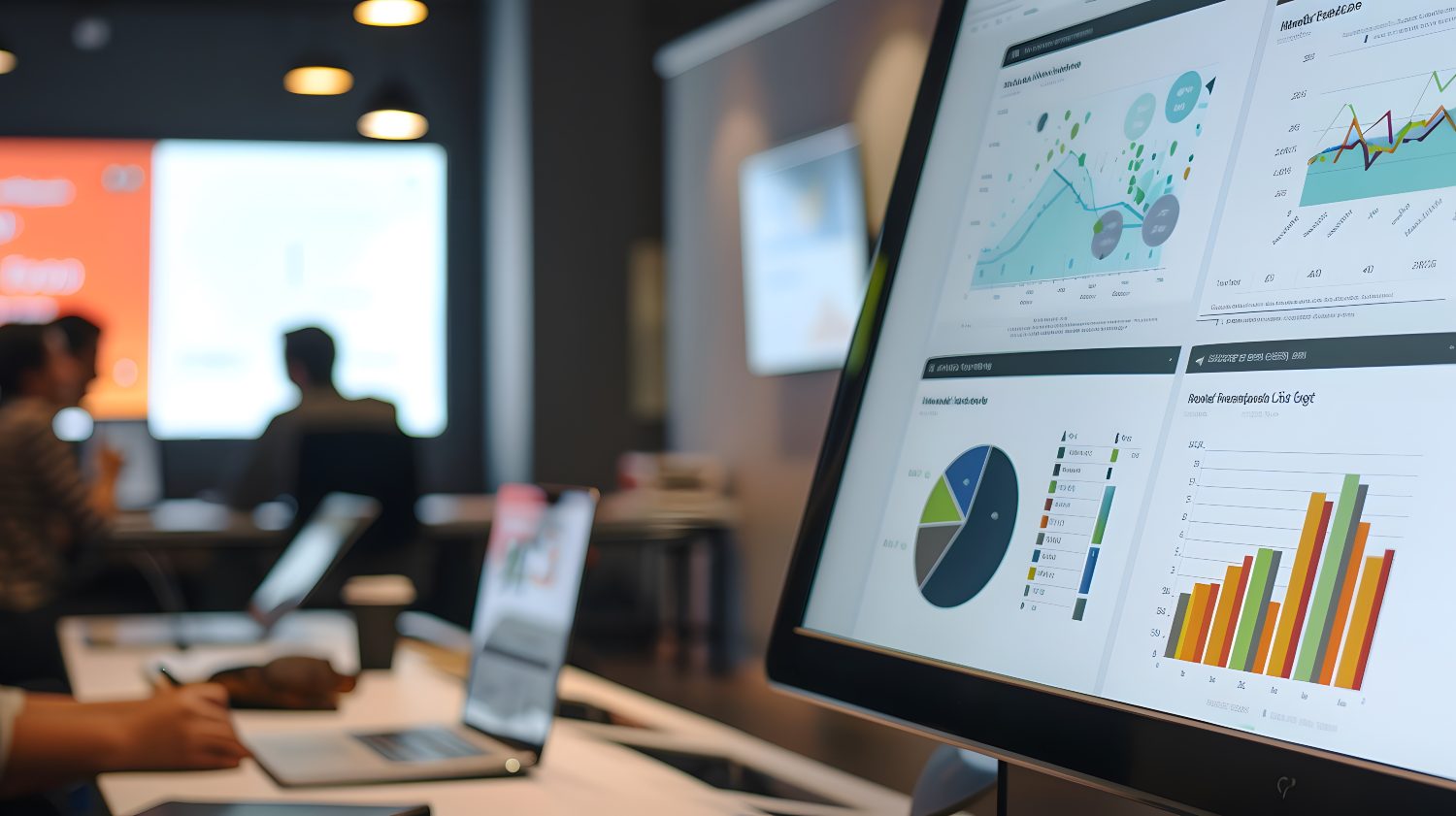 A presentation slide deck with charts and graphs showing customer data management.