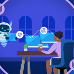 Image of person at a computer interacting with an agent and balancing work & technology.