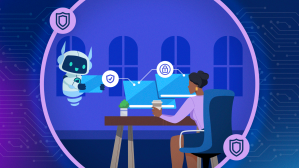Image of person at a computer interacting with an agent and balancing work & technology.
