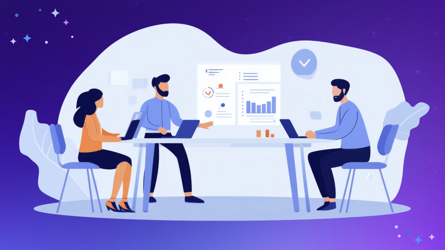 Illustration of three workers at a table discussing the data visualizations on the wall, all on a dark purple background.