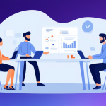 Illustration of three workers at a table discussing the data visualizations on the wall, all on a dark purple background.